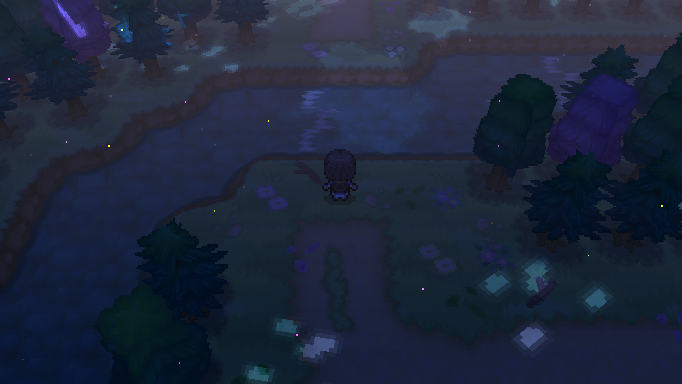 A dark forest with fireflies