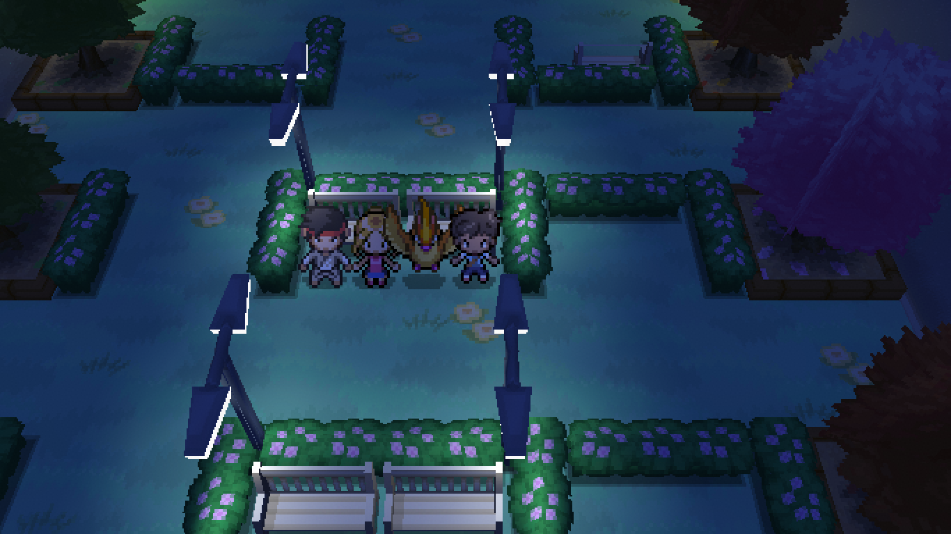 Four trainers sitting on a bench in a park during night time